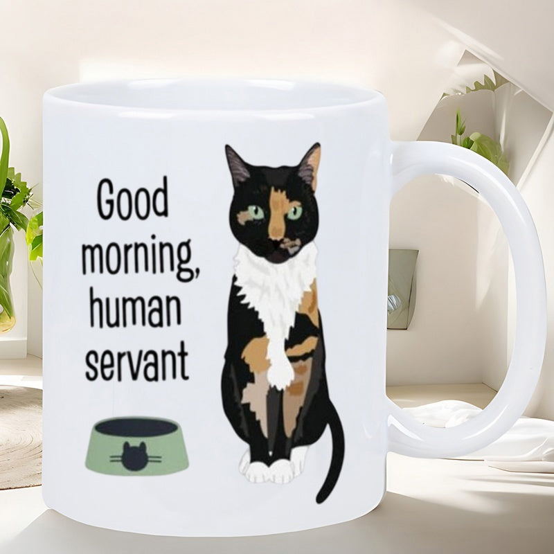 Tailorly White Ceramic 11 oz Mug - Good Morning Human Servant Sitting Multi Colored Feline Beside Small Food Bowl Under Morning Sunlight Cat