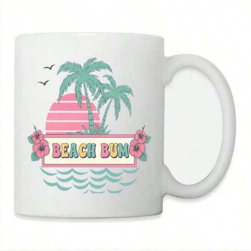 Tailorly White Ceramic 11 oz Mug - Beach Bum Tropical Palm Trees With Pink Striped Sun Over Wavy Ocean Blue Beach