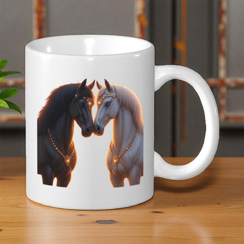 Tailorly White Ceramic 11 oz Mug - Majestic Black And White Stallions Touching Heads Under Soft Warm Glowing Light Horses