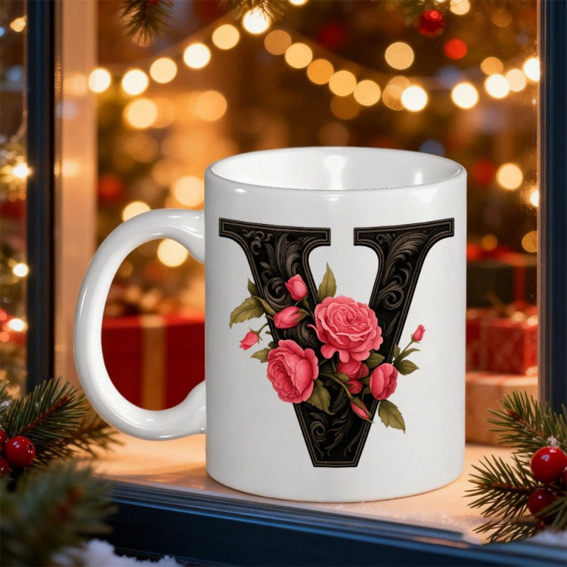 Tailorly White Ceramic 11 oz Mug - V Ornate Black Vintage Style With Elegant Pink Roses And Green Leaves Monogram