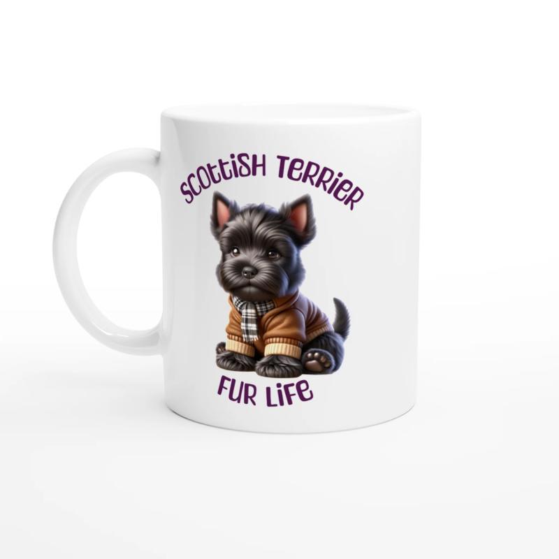 Tailorly White Ceramic 11 oz Mug - Scottish Terrier Fur Life Adorable Black Terrier Wearing A Tiny Plaid Scarf And Warm Brown Sweater Dog