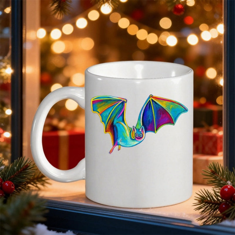 Tailorly White Ceramic 11 oz Mug - Vibrant Rainbow Colors Flying With Outspread Wings In Artistic Watercolor Bat