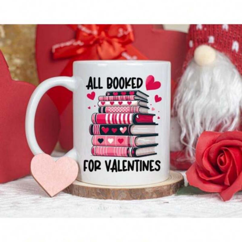 Tailorly White Ceramic 11 oz Mug - All Booked For Valentines Stack Of Romantic Novels Decorated With Sweet Hearts And Patterns Books