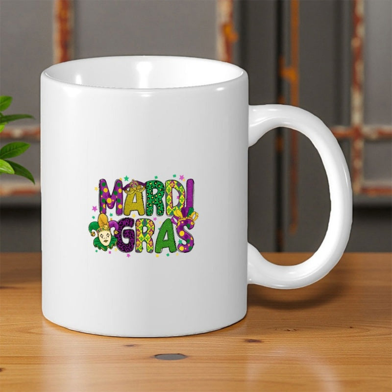Tailorly White Ceramic 11 oz Mug - Mardi Gras Vibrant Festive Decorative Letters Featuring Jester Mask And Traditional Carnival Colors Sign
