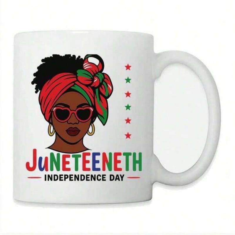 Tailorly White Ceramic 11 oz Mug - Juneteeneth Independence Day Beautiful African American Lady With Colorful Traditional Headwrap And Heart Sunglasses Woman