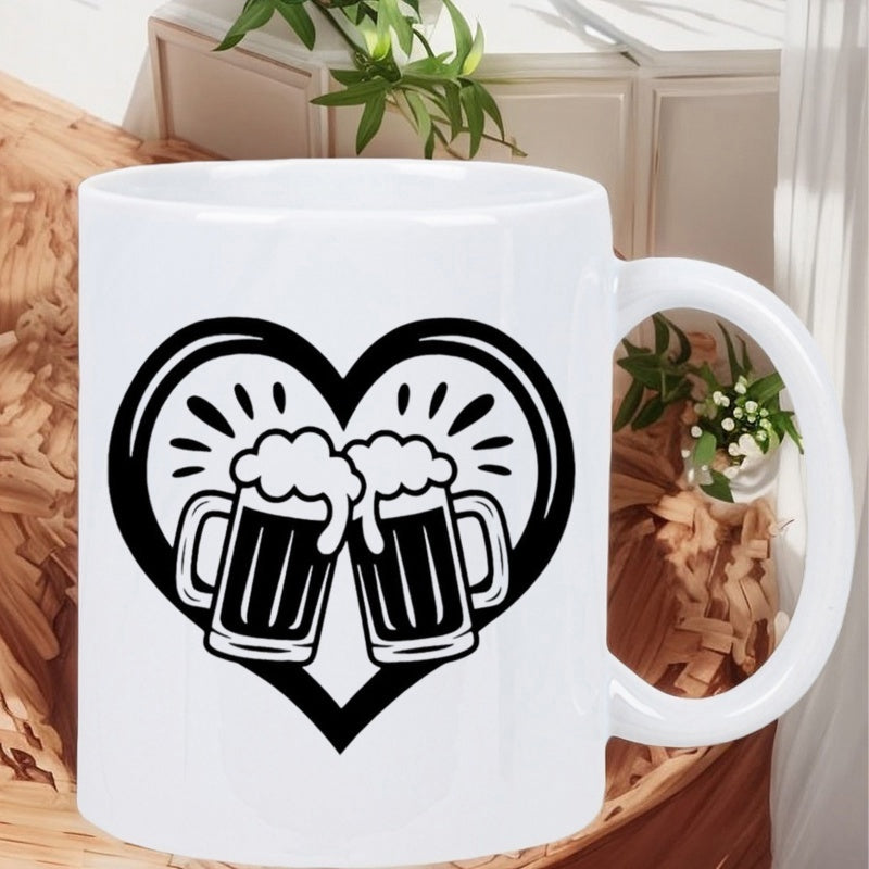 Tailorly White Ceramic 11 oz Mug - Stylized Black Heart Outline With Clinking Foamy Frothy Toasting Beer Mugs