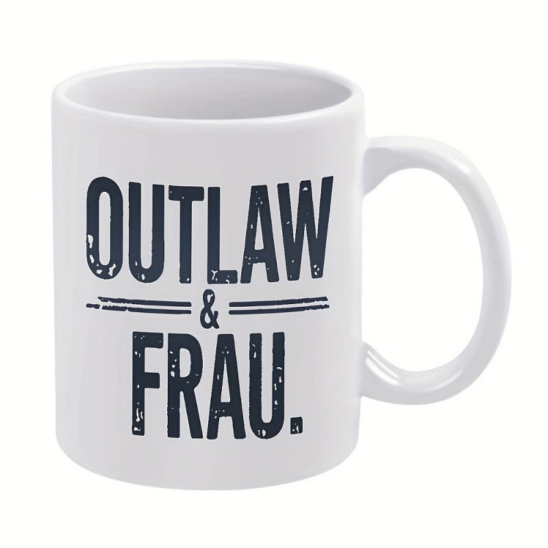 Tailorly White Ceramic 11 oz Mug - Outlaw Distressed Vintage Bold Typography Featuring Textured Lettering And Decorative Parallel Lines Mug
