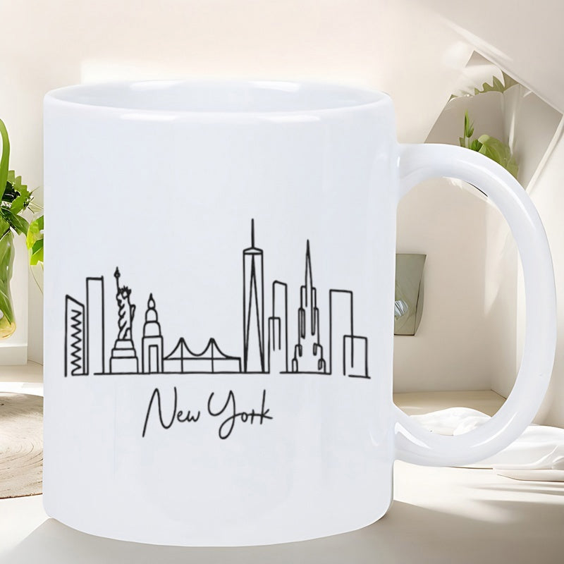 Tailorly White Ceramic 11 oz Mug - New York Minimalist Black Line Art Style Showcasing Iconic Architectural Landmarks Mug