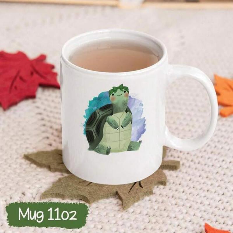 Tailorly White Ceramic 11 oz Mug - Cute Green Sitting Cartoon Character With Soft Artistic Watercolor Backdrop Turtle