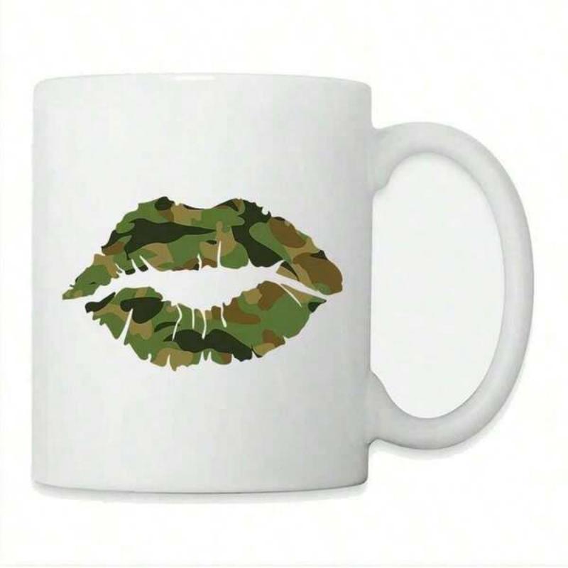Tailorly White Ceramic 11 oz Mug - Military Inspired Camouflage Pattern Featuring Earth Tones On Bold Kissing Lips