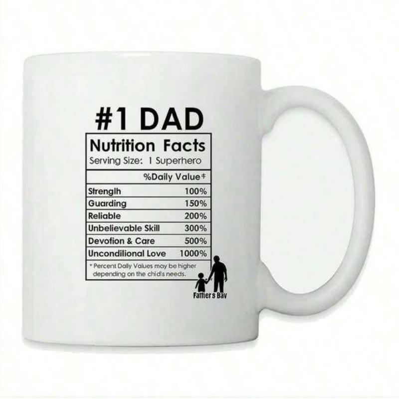 Tailorly White Ceramic 11 oz Mug - Number One Dad Nutrition Facts Minimalist Silhouette Of Father Holding Hand With Child Below Detailed Nutrition Label