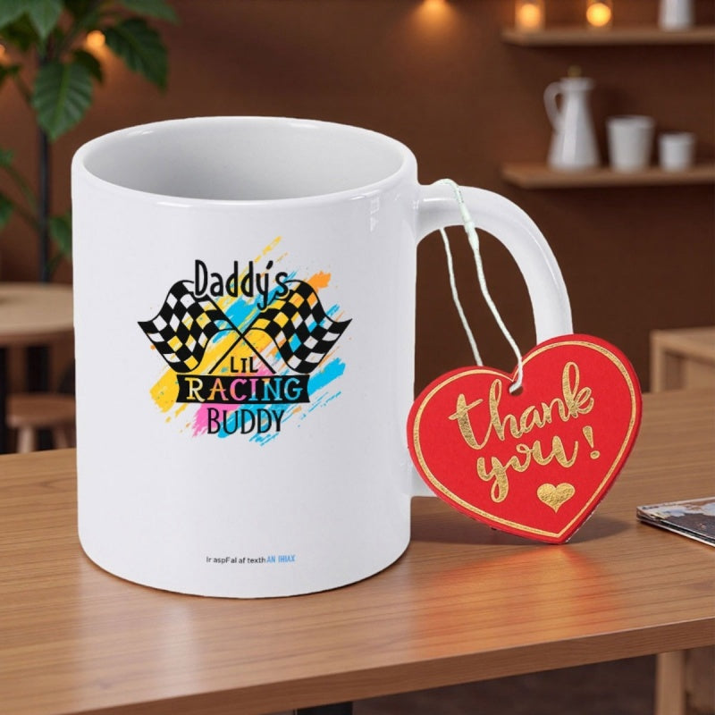 Tailorly White Ceramic 11 oz Mug - Daddys Lil Racing Buddy Crossed Checkered Racing Flags With Vibrant Paint Splatter Accents Flag
