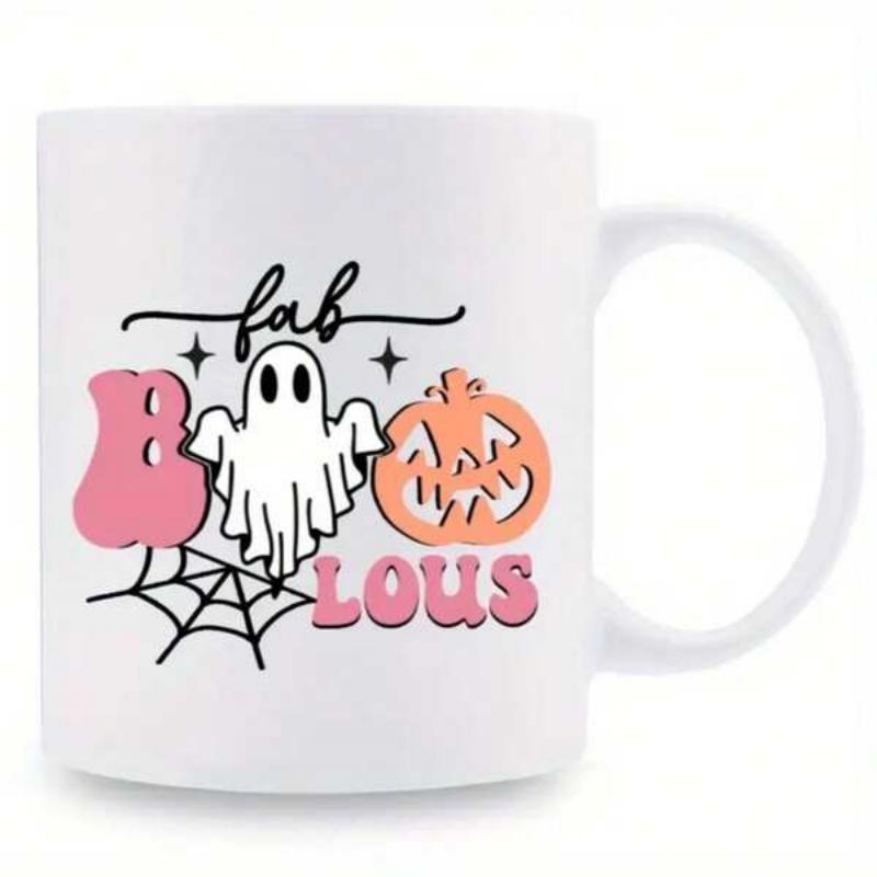 Tailorly White Ceramic 11 oz Mug - Fab Boo Lous Whimsical Halloween Scene With Spooky Ghost And Carved Smiling Pumpkin Among Webs Ghost