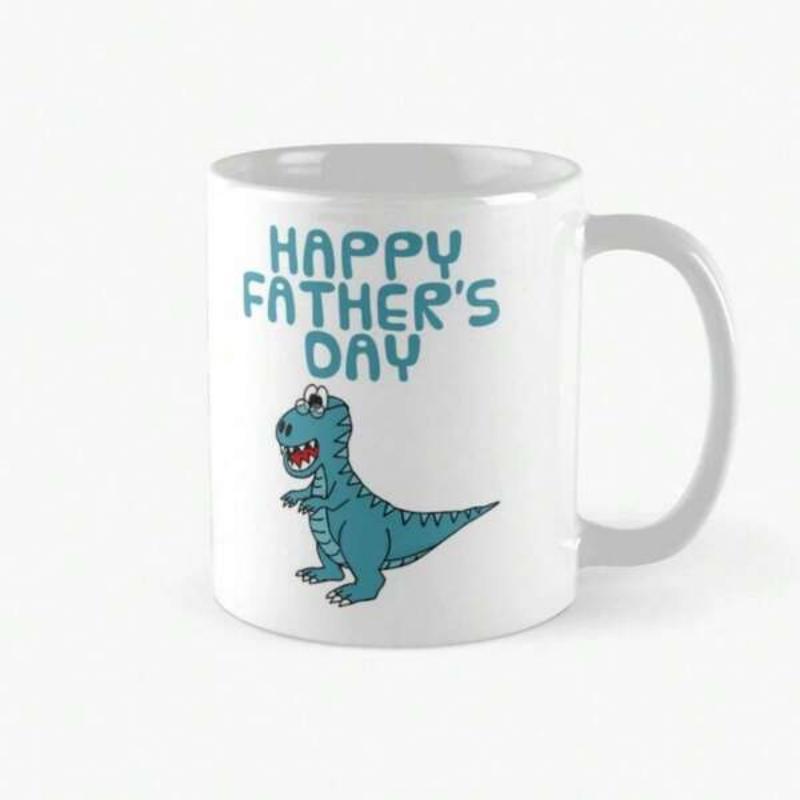Tailorly White Ceramic 11 oz Mug - Happy Father's Day Cute Blue Cartoon Dinosaur Standing Below Festive Greeting Dinosaur