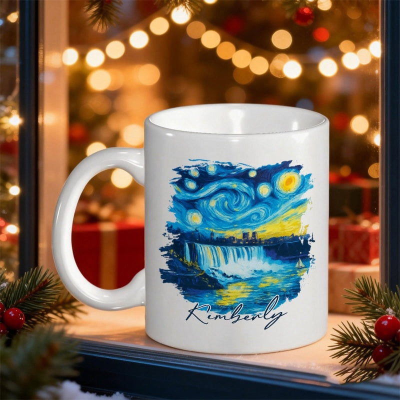 Tailorly White Ceramic 11 oz Mug - Kimberly Swirling Blue Starry Night Sky Over Majestic Cascading Waterfall Scene