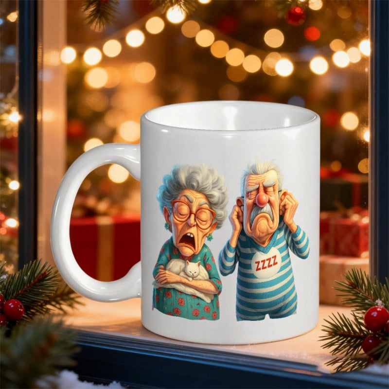 Tailorly White Ceramic 11 oz Mug - ZZZZ Grumpy Elderly Couple In Pajamas With Snoring Theme In Holiday Setting Couple