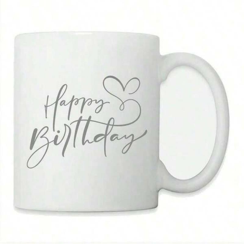 Tailorly White Ceramic 11 oz Mug - Happy Birthday Elegant Cursive Script With A Small Heart Outline Drawn In Grey Mug