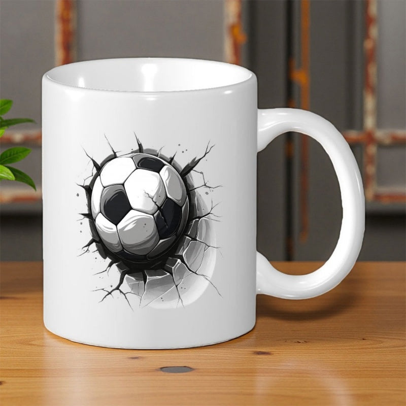 Tailorly White Ceramic 11 oz Mug - Realistic Smashing Effect Through Cracked White Surface Soccer Ball