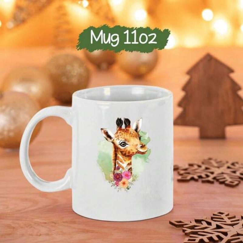 Tailorly White Ceramic 11 oz Mug - Watercolor Artistic Style With Delicate Colorful Flowers Surrounding A Gentle Young Giraffe