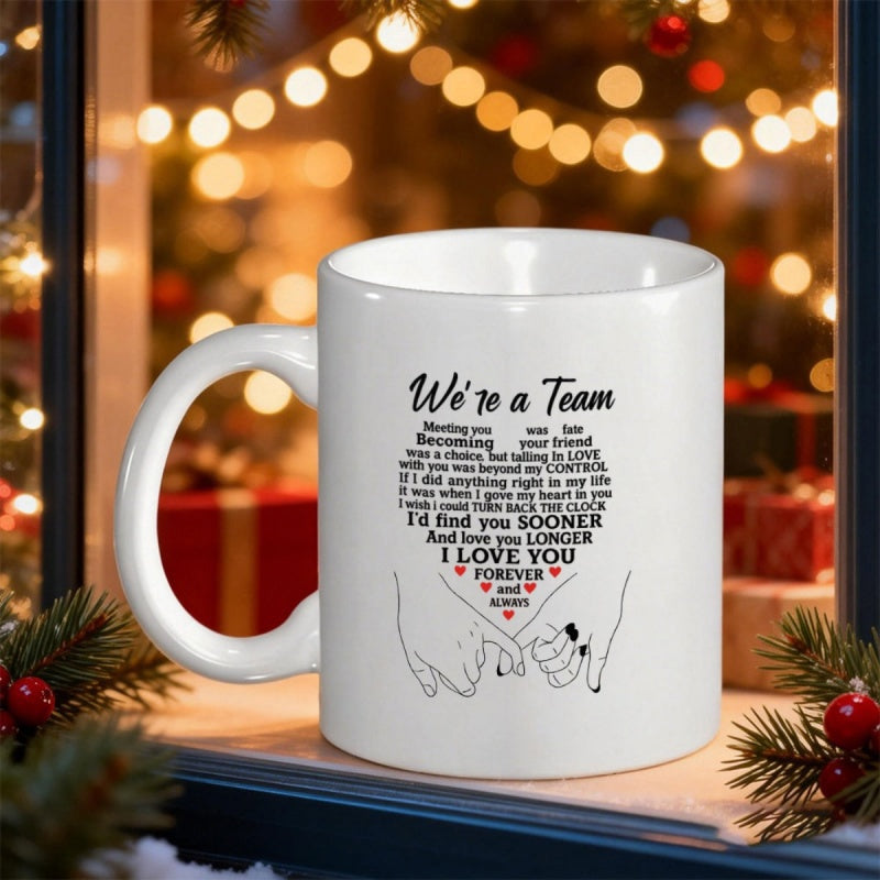 Tailorly White Ceramic 11 oz Mug - Were A Team I Love You Forever And Always Minimalist Line Art Drawing Showing Two Interlocking Pinky Fingers Heart Decor Hands