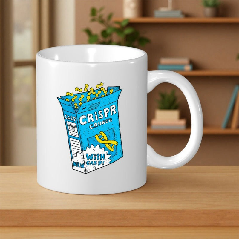 Tailorly White Ceramic 11 oz Mug - Crispr Crunch With Cas9 Science Theme Blue Cereal Box Featuring DNA Flakes Box