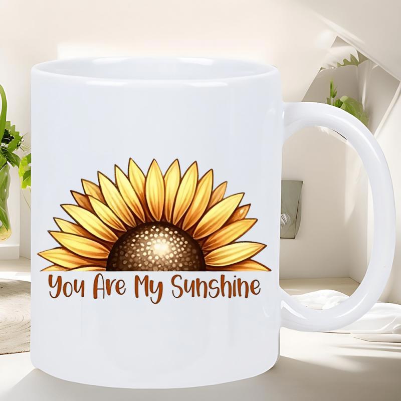Tailorly White Ceramic 11 oz Mug - You Are My Sunshine Beautiful Half Bloom Petals With Vibrant Yellow Colors And Dark Seed Center Sunflower