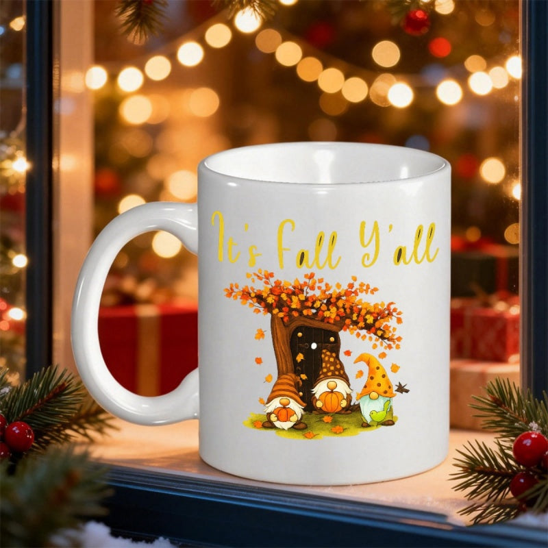 Tailorly White Ceramic 11 oz Mug - Its Fall Yall Cute Little Gnomes Resting Under Golden Autumn Tree With Fallen Leaves Gnome