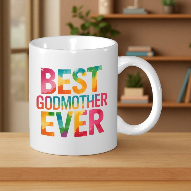 Tailorly White Ceramic 11 oz Mug - Best Godmother Ever Vibrant Colorful Rainbow Textures Forming A Bold Artistic Style Typography