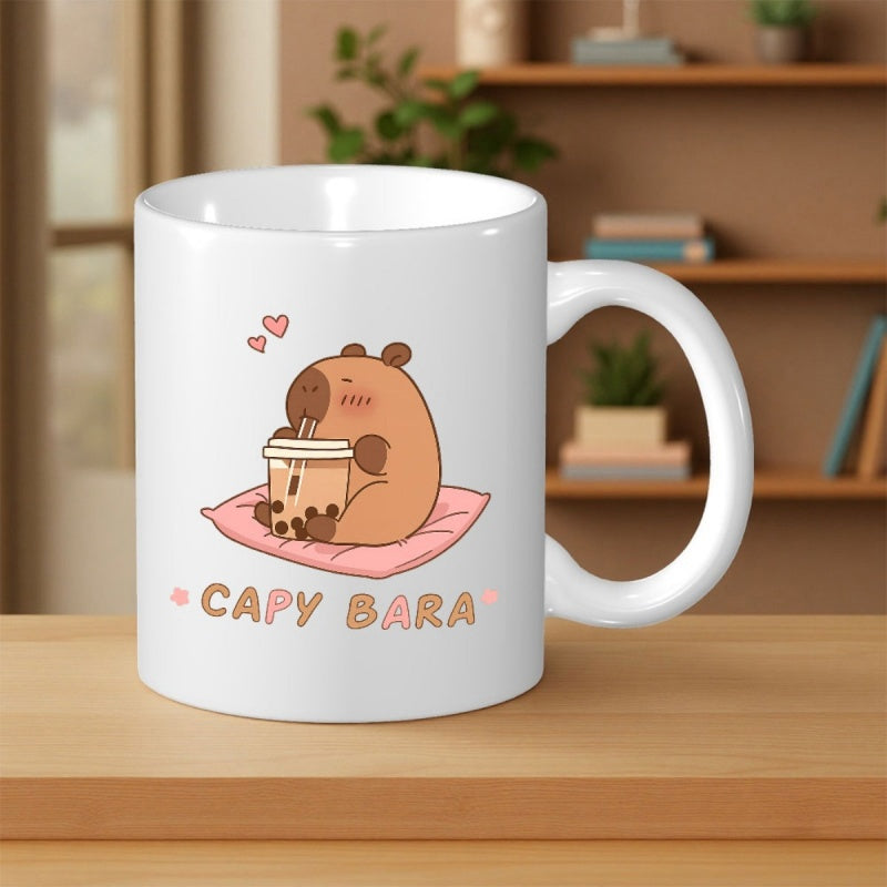 Tailorly White Ceramic 11 oz Mug - Capy Bara Adorable Cartoon Character Drinking Bubble Tea Sitting On A Cushion Capybara