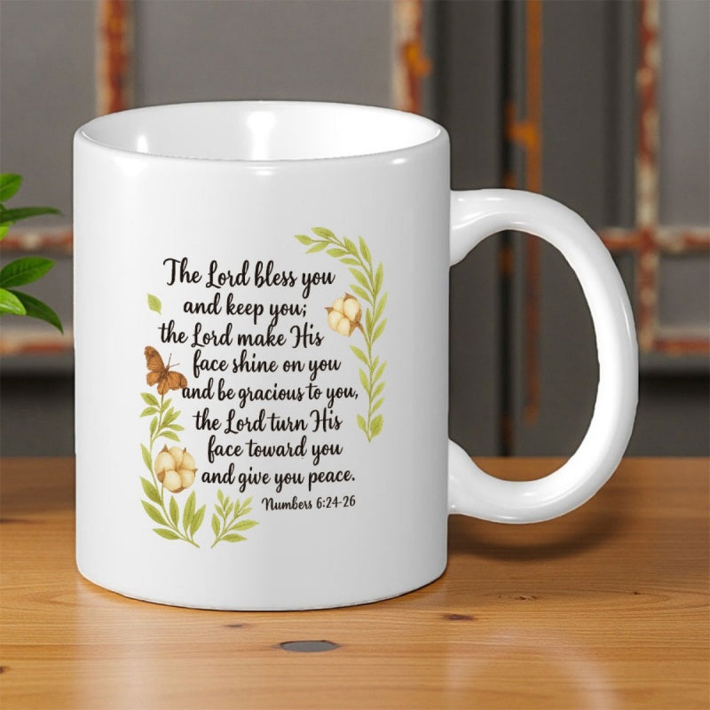Tailorly White Ceramic 11 oz Mug - The Lord Bless You And Keep You Soft Green Leaves With Delicate Butterfly And Cotton Flower Wreath