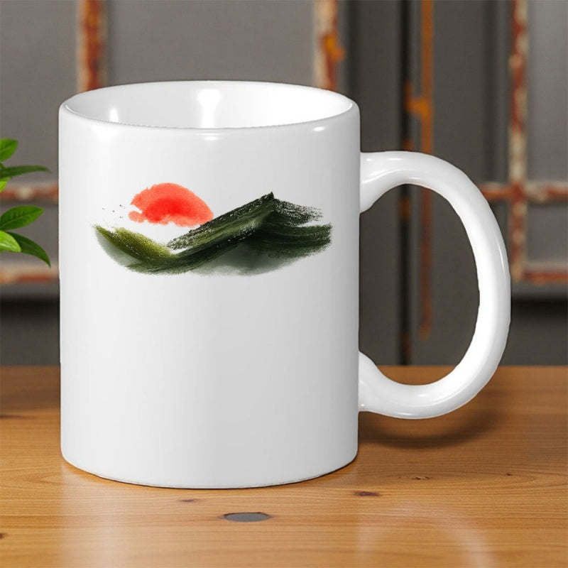Tailorly White Ceramic 11 oz Mug - Minimalist Ink Wash Landscape With Red Sun Rising Over Distant Green Mountain