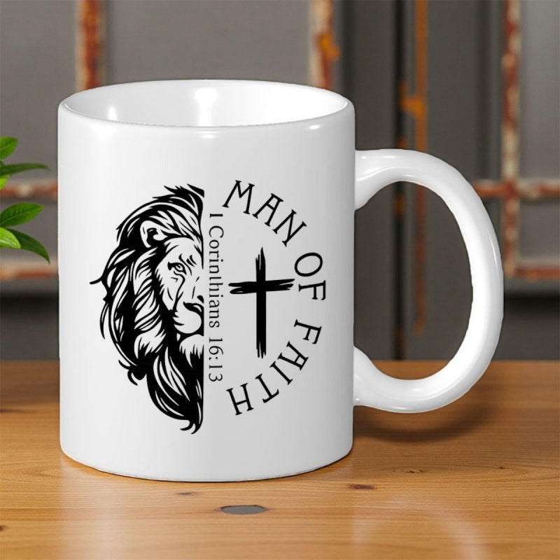 Tailorly White Ceramic 11 oz Mug - Man Of Faith 1 Corinthians 16 13 Majestic Lion Half Face Paired With A Symbolic Religious Cross Lion