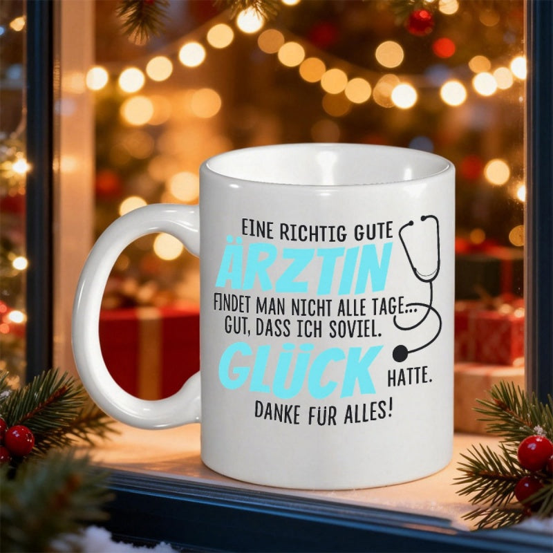 Tailorly White Ceramic 11 oz Mug - Minimalist Black Line Medical Tool Accessory Among Festive Winter Holiday Lights Stethoscope