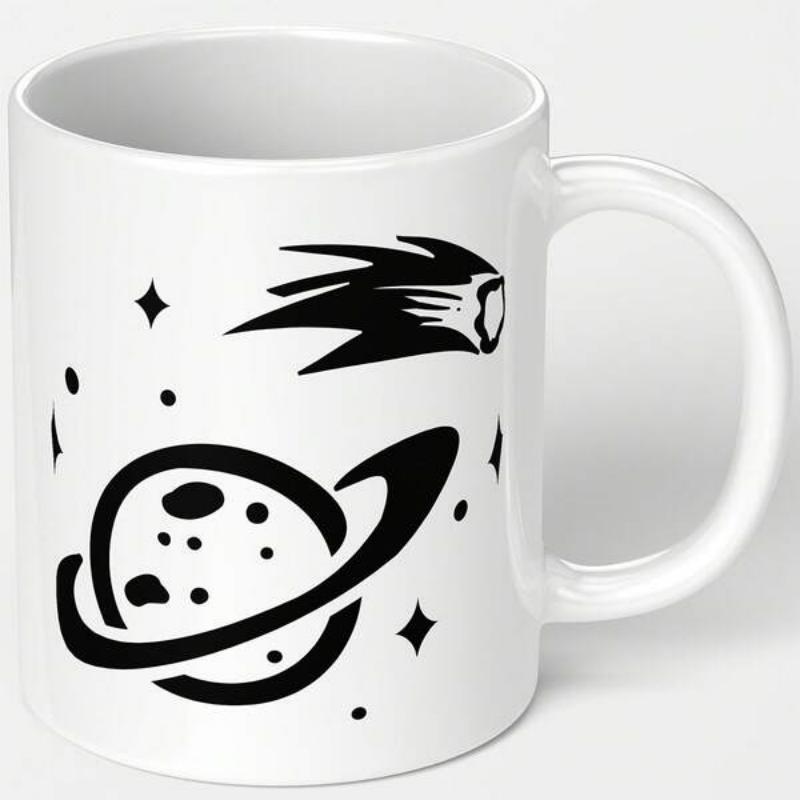 Tailorly White Ceramic 11 oz Mug - Stellar Cosmic Elements With Orbiting Ring Stars And Flying Comet Planet