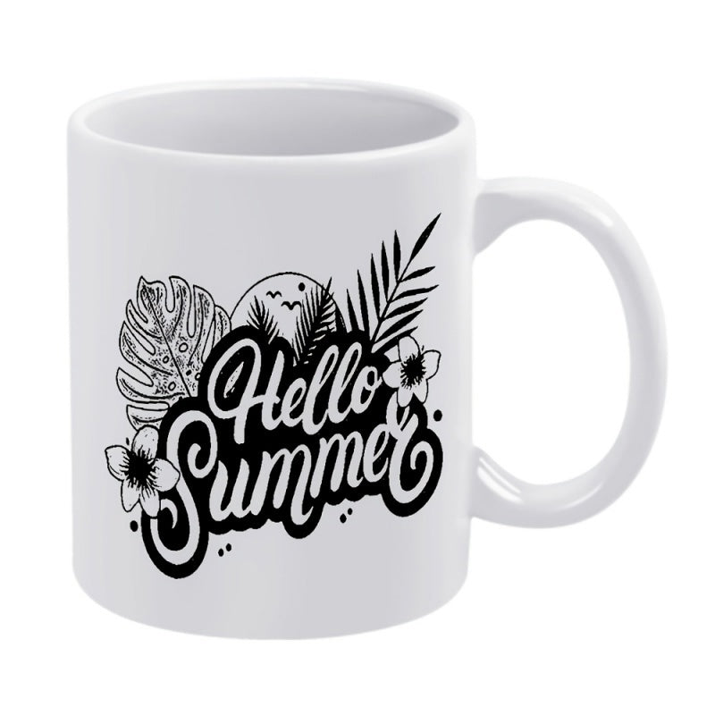 Tailorly White Ceramic 11 oz Mug - Hello Summer Tropical Leaves With Blooming Hibiscus Flowers And Sunny Seasonal Vibes Mug