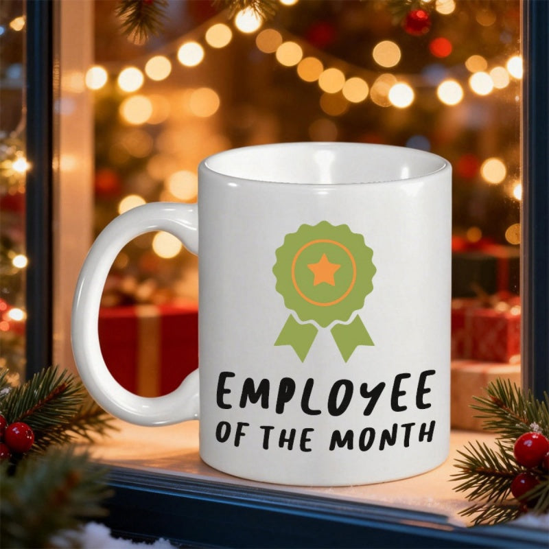 Tailorly White Ceramic 11 oz Mug - Employee Of The Month Green Badge With Golden Star Surrounded By Festive Holiday Lighting Mug