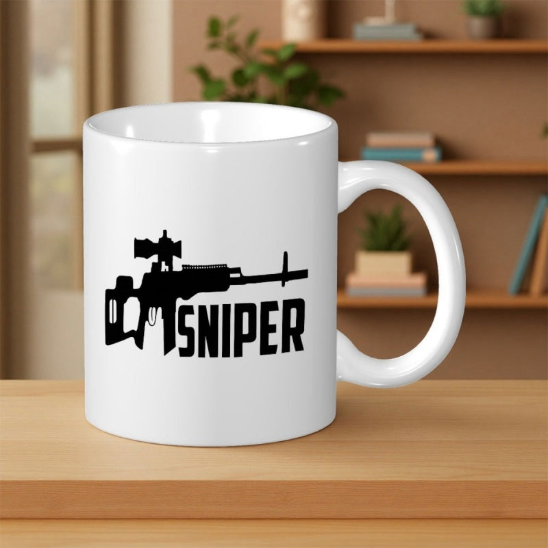 Tailorly White Ceramic 11 oz Mug - Sniper Tactical Black Silhouette With Scope Detailed Precision Aiming Design Rifle