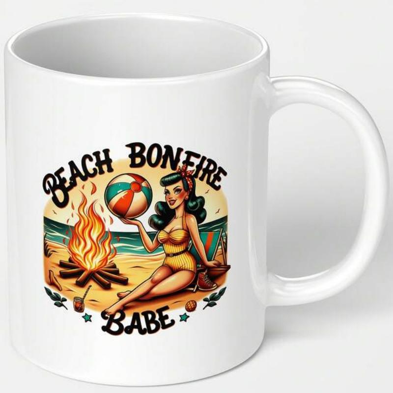 Tailorly White Ceramic 11 oz Mug - Beach Bonfire Babe Vintage Pin Up Relaxing On Sandy Beach Near Glowing Burning Bonfire Girl