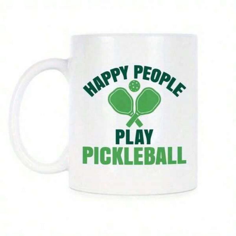 Tailorly White Ceramic 11 oz Mug - Happy People Play Pickleball Two Crossed Green Paddles With A Small Circular Ball Paddle
