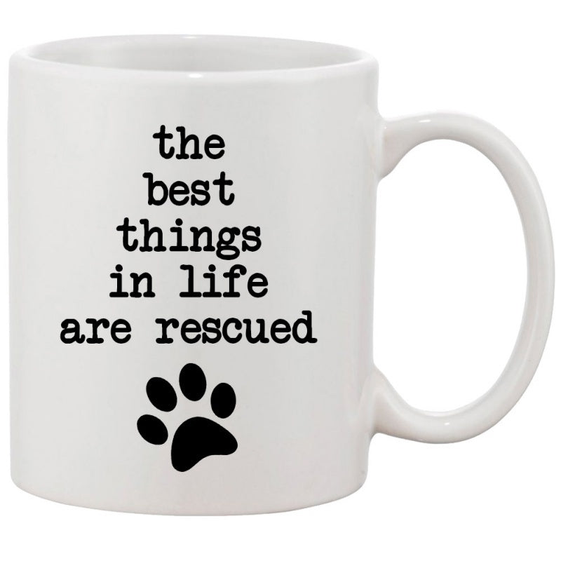 Tailorly White Ceramic 11 oz Mug - The Best Things In Life Are Rescued Minimalist Black Paw Print Silhouette Resting Below Inspirational Rescue Slogan Paw