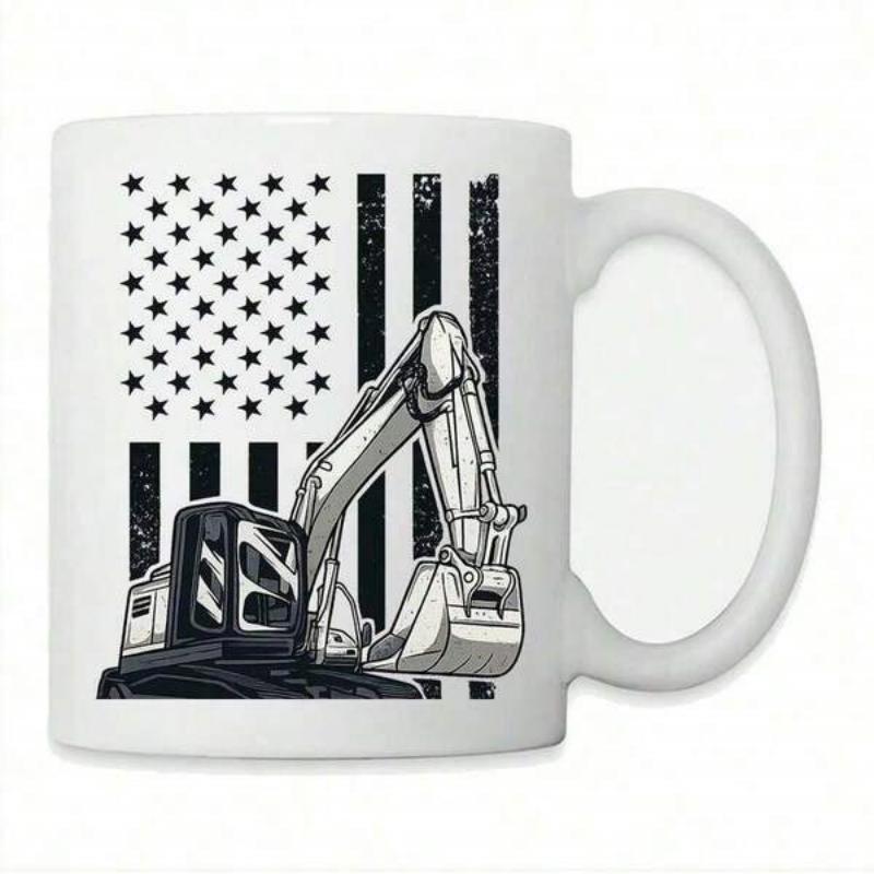 Tailorly White Ceramic 11 oz Mug - Heavy Industrial Construction Machinery With Distressed Vintage American Flag Excavator