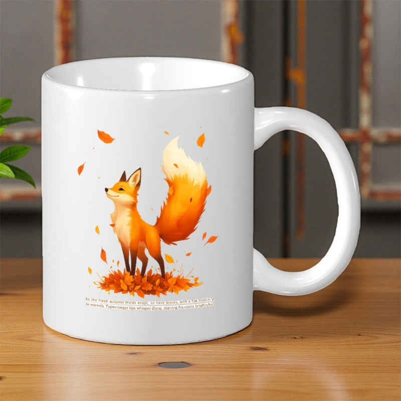 Tailorly White Ceramic 11 oz Mug - Charming Little Red Fox Standing Amidst Falling Autumn Leaves Fox