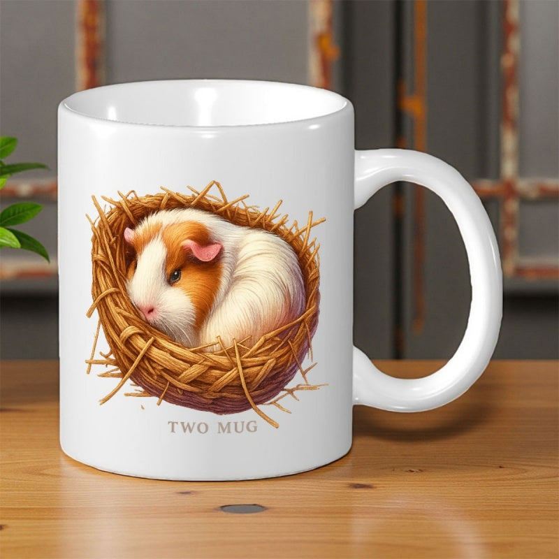 Tailorly White Ceramic 11 oz Mug - Two Mug Cute Brown And White Cavy Resting Inside A Rustic Woven Nest Guinea Pig