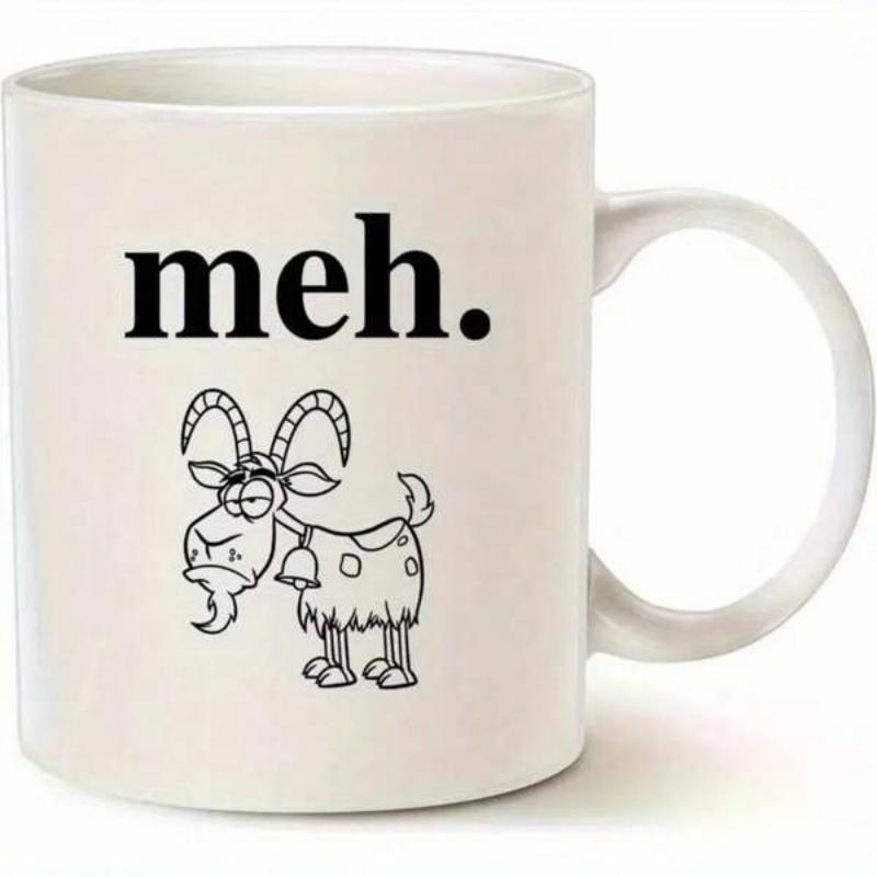 Tailorly White Ceramic 11 oz Mug - Meh Whimsical Line Art Cartoon Wearing Bell Looking Bored Indifferent Goat