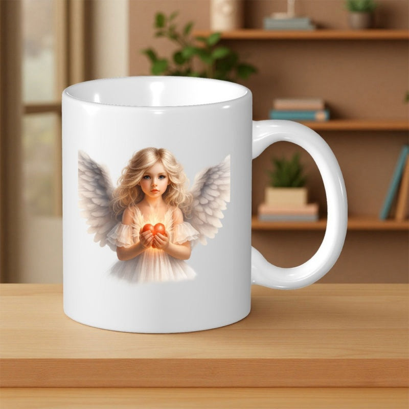 Tailorly White Ceramic 11 oz Mug - Gentle Guardian Angel With Large Soft Wings Holding Glowing Radiant Heart Angel