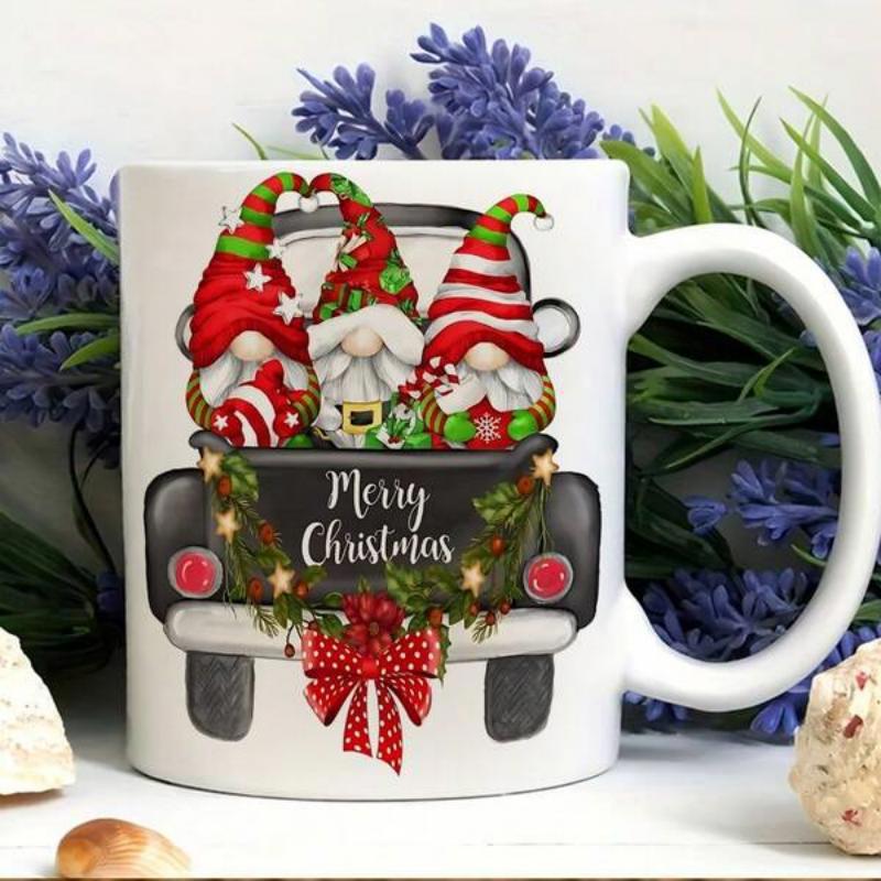 Tailorly White Ceramic 11 oz Mug - Merry Christmas Festive Gnomes Riding In A Vintage Black Winter Holiday Delivery Truck