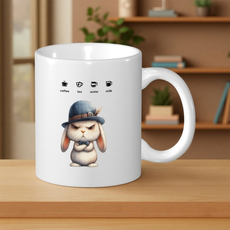 Tailorly White Ceramic 11 oz Mug - Coffee Tea Water Milk Grumpy Small White Rabbit Wearing A Stylish Blue Derby Hat Rabbit