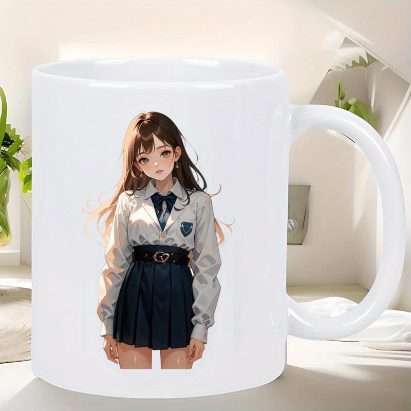 Tailorly White Ceramic 11 oz Mug - Lovely Anime School Girl Wearing Uniform With Long Flowing Brown Hair Girl