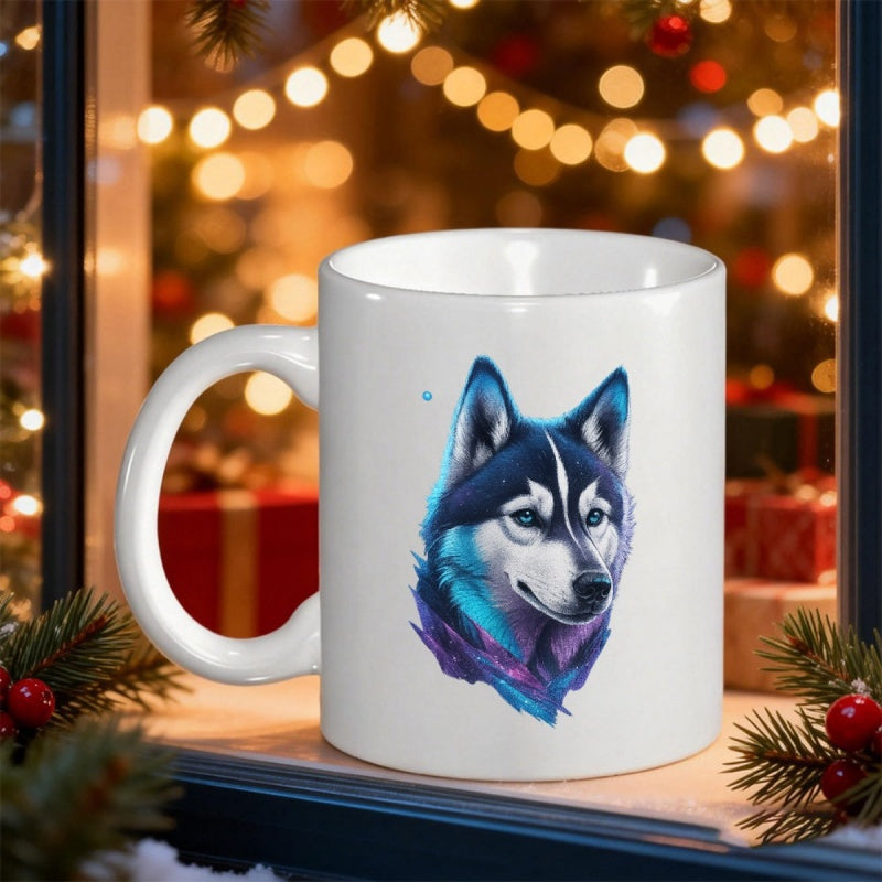 Tailorly White Ceramic 11 oz Mug - Majestic Artistic Watercolor Blue And Black Portrait Of A Noble Husky