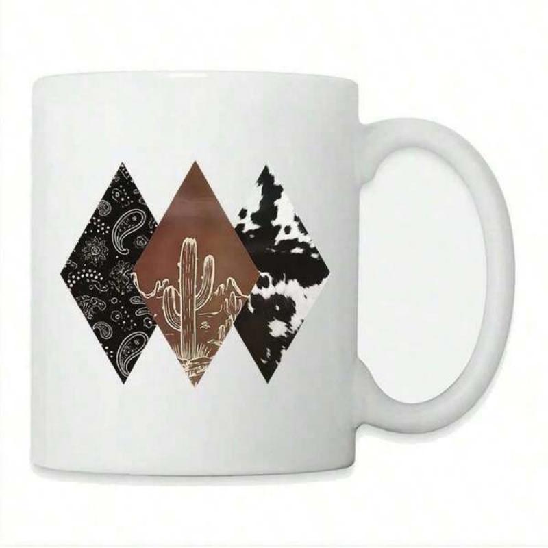 Tailorly White Ceramic 11 oz Mug - Three Decorative Diamonds Featuring Western Paisley Cow Print And Rustic Cactus